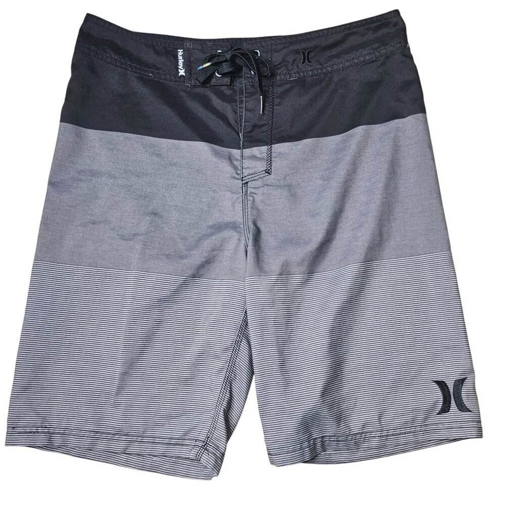Hurley Mens Boardshorts 32 Gray Black Striped Swimwear Swim Trunks